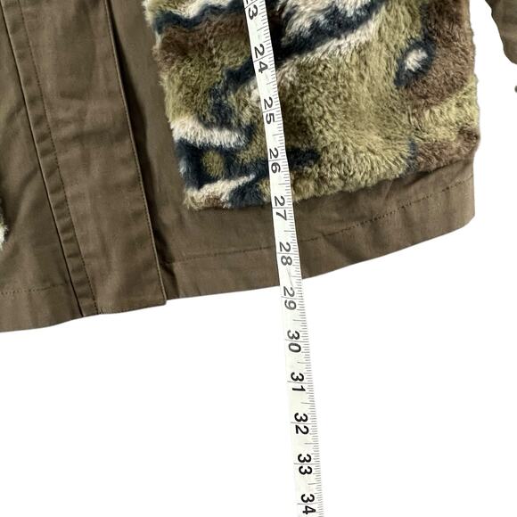 Mystree Jacket Womens S Green Brown Faux Fur Camo Zip Snap Coat Utility Military - Picture 9 of 13